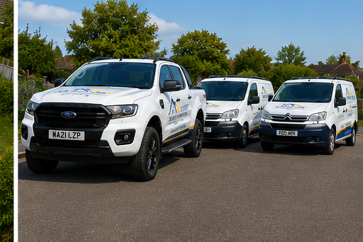 South West Roofing branded pickup and vans lined up