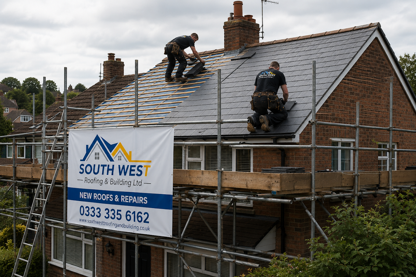 South West Roofing team fitting a new slate roof with branded scaffolding banner