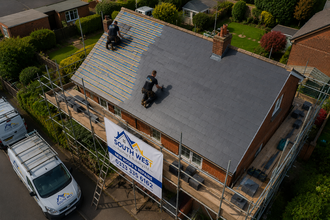 Drone view of a re-roof in progress with SW Roofing banner